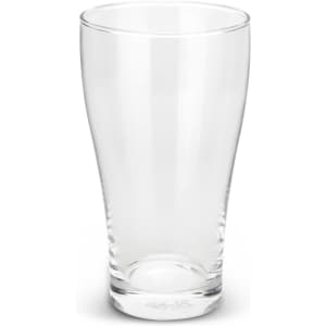 A clear glass beer glass with a tapered shape and a sturdy base, featuring a logo on the side.