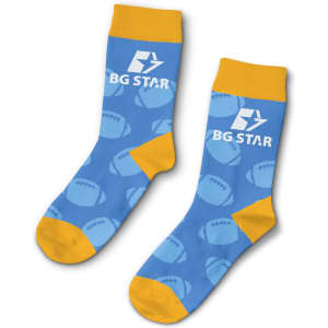 Moda Crew Socks in blue and yellow with a logo feature, patterned with round shapes.