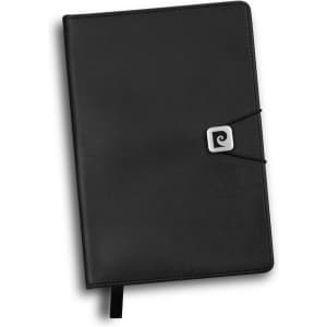 A black Pierre Cardin Biarritz notebook with a clasp closure and ribbon bookmark. Features a logo on the front.