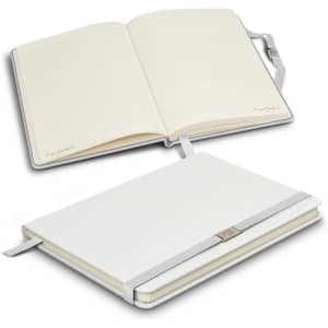 A white notebook with lined pages, featuring a ribbon bookmark and a clasp. It includes a logo on the cover.