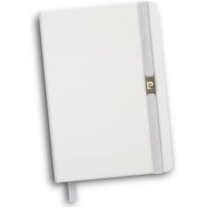 A white notebook with an elastic band and a decorative closure. Features a logo on the cover.