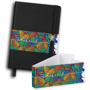 A black notebook with a colourful patterned band and a matching envelope. It features a zipper and a bookmark.