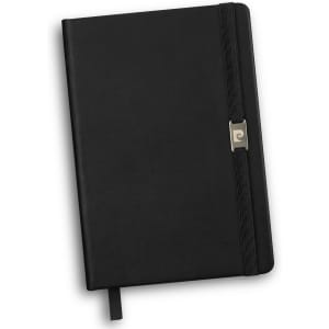 A black notebook with a smooth cover, featuring an elastic band closure and a logo on the front.