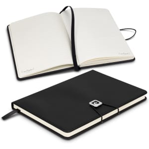 A black notebook gift set with a smooth cover, featuring a ribbon bookmark and elastic closure. It includes lined pages.