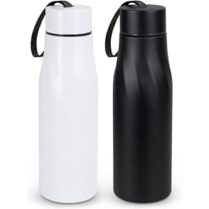 A drink bottle set featuring a sleek white and a matte black design, both with matching straps.