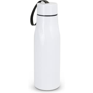 A drink bottle in white with a black strap and a sleek, cylindrical design, featuring a logo.