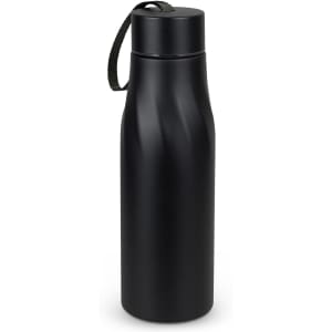 A drink bottle in matte black with a twist top and a carry strap, featuring a simple design.