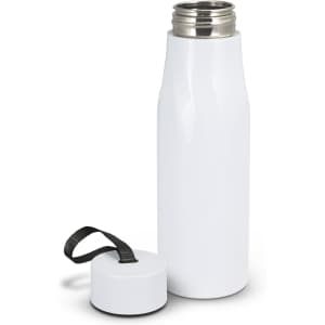 A drink bottle in sleek white, featuring a silver top and a black cap with a carrying strap.