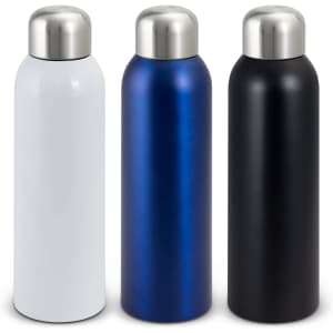 A drink bottle set featuring three stainless steel bottles in white, blue, and black with silver tops.
