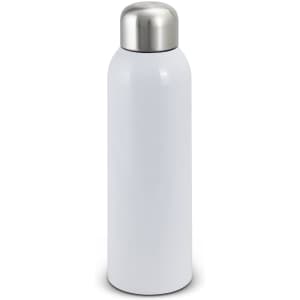 A drink bottle in sleek white with a stainless steel cap, featuring a simple design and a logo.
