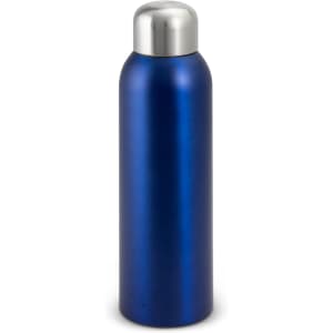 A drink bottle in a sleek blue finish with a stainless steel cap and a smooth, metallic surface.