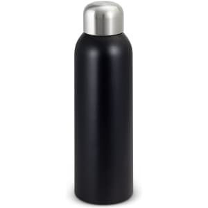 A drink bottle in matte black with a stainless steel cap and a sleek, modern design. It features a branding logo.