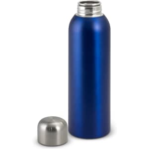 A drink bottle in a vibrant blue colour with a stainless steel cap, featuring a sleek, matte finish.