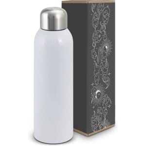 A drink bottle in a sleek white finish with a stainless steel top, accompanied by a decorative box.