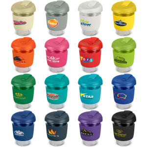 A collection of colourful drink bottles in various styles, featuring a mix of solid and transparent borosilicate materials.