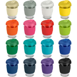 A drink bottle collection featuring various colours, including grey, orange, pink, green, and blue, with lids in matching hues.