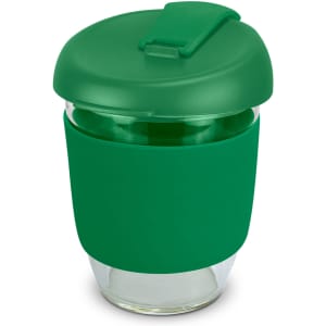 A drink bottle made of clear borosilicate glass with a green silicone sleeve and lid. Features a branding logo.