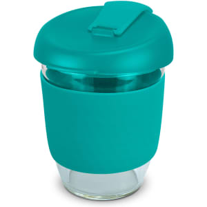 A drink bottle featuring a teal silicone sleeve and lid, with a clear borosilicate glass body.