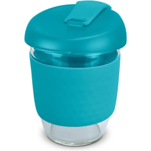 A drink bottle with a teal silicone sleeve and lid, featuring a clear borosilicate glass body. It has a logo.