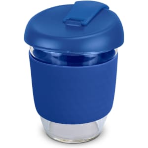 A drink bottle featuring a blue borosilicate glass body and a blue silicone sleeve, topped with a blue lid.