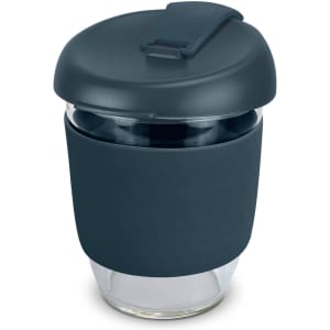A drink bottle made of borosilicate glass with a dark teal silicone sleeve and lid, featuring a branded logo.