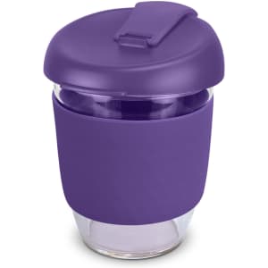 A drink bottle in purple, featuring a silicone sleeve and a matching lid, made from borosilicate glass.