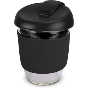 A drink bottle in black borosilicate glass with a matching lid and silicone sleeve for grip. Features a logo.