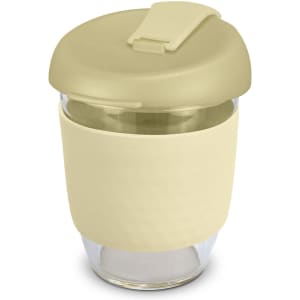 A drink bottle made of clear borosilicate glass with a pale yellow silicone sleeve and a matching lid.