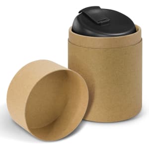 A drink bottle made of borosilicate glass, 350ml, with a black lid, displayed in a cylindrical brown cardboard packaging.