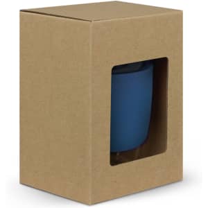 A drink bottle in a blue hue displayed in a cardboard box with a clear window. Contains a logo.