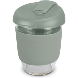 A drink bottle with a light green silicone sleeve and matching lid, featuring a clear borosilicate glass body.