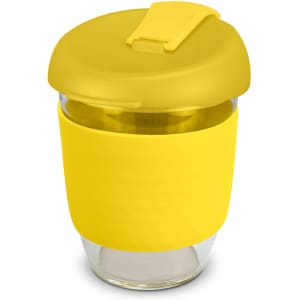 A drink bottle made of borosilicate glass with a bright yellow silicone sleeve and lid. It holds 350ml.