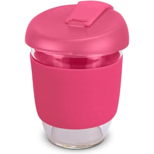 A drink bottle featuring a clear borosilicate body with a pink silicone sleeve and matching lid. It has a logo.