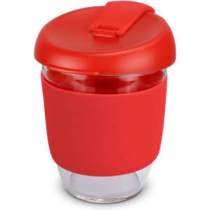 A drink bottle featuring a transparent borosilicate glass body with a red silicone sleeve and lid.
