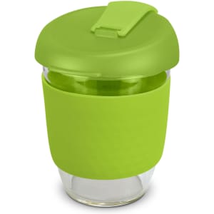 A drink bottle in green with a secure lid and a glass body, featuring a silicone grip and a logo.