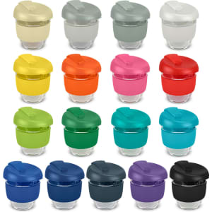 A drink bottle collection featuring various colours, including grey, yellow, orange, pink, and blue. Each has a logo.
