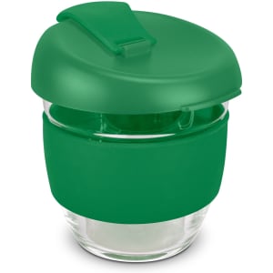 A drink bottle made of borosilicate glass with a green silicone sleeve and lid, featuring a logo.