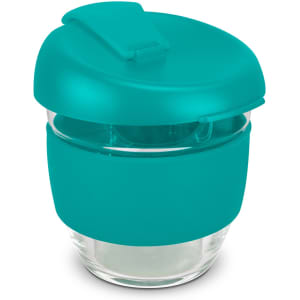 A drink bottle featuring a clear borosilicate glass body and a turquoise silicone lid and sleeve. Includes branding.