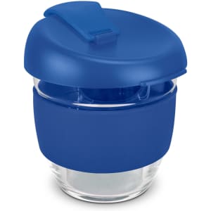 A drink bottle with a blue silicone lid and base, featuring a clear borosilicate glass body and a logo.
