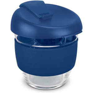 A drink bottle made of clear borosilicate glass with a navy blue silicone sleeve and lid. Features a logo.