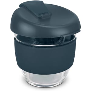 A drink bottle featuring a borosilicate glass body with a dark grey silicone sleeve and lid.