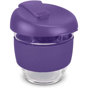 A drink bottle with a purple silicone sleeve and lid, featuring a clear borosilicate glass body. It has a logo.