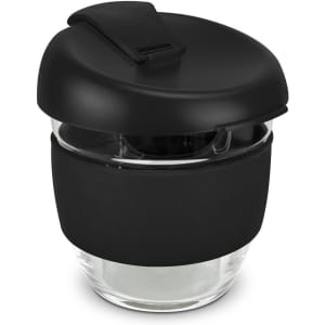 A drink bottle featuring a black silicone lid and sleeve, made of clear borosilicate glass, with a sleek design.