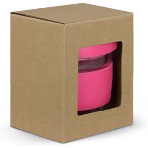 A drink bottle in a pink silicone sleeve, packaged in a brown box with a clear front window.