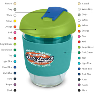 A drink bottle made of borosilicate glass, featuring a teal body and a green lid, with a logo.