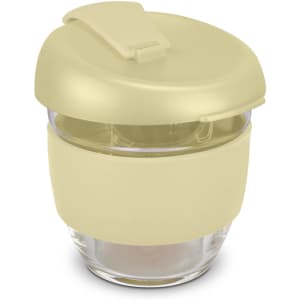 A drink bottle with a transparent glass body and a soft yellow, silicone lid and grip, featuring a logo.