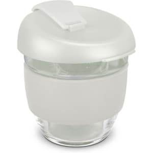 A drink bottle featuring a frosted grey silicone lid and a clear borosilicate glass body. It has a logo on it.