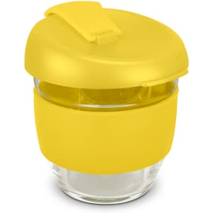 A drink bottle made of borosilicate glass, featuring a bright yellow silicone sleeve and lid.