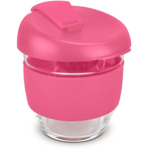 A drink bottle made of clear borosilicate glass with a vibrant pink silicone lid and grip, featuring a logo.