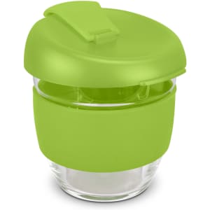 A drink bottle featuring a green silicone lid and sleeve, made of clear borosilicate glass, with a sleek design.
